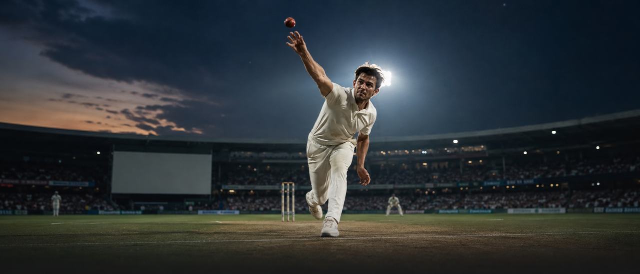 Fast bowler at the point of release during a day-night cricket match under floodlights