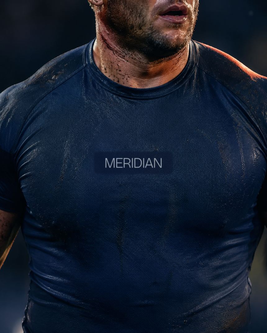 Close-up of a rugby jersey chest showing a sponsor mark on creased fabric