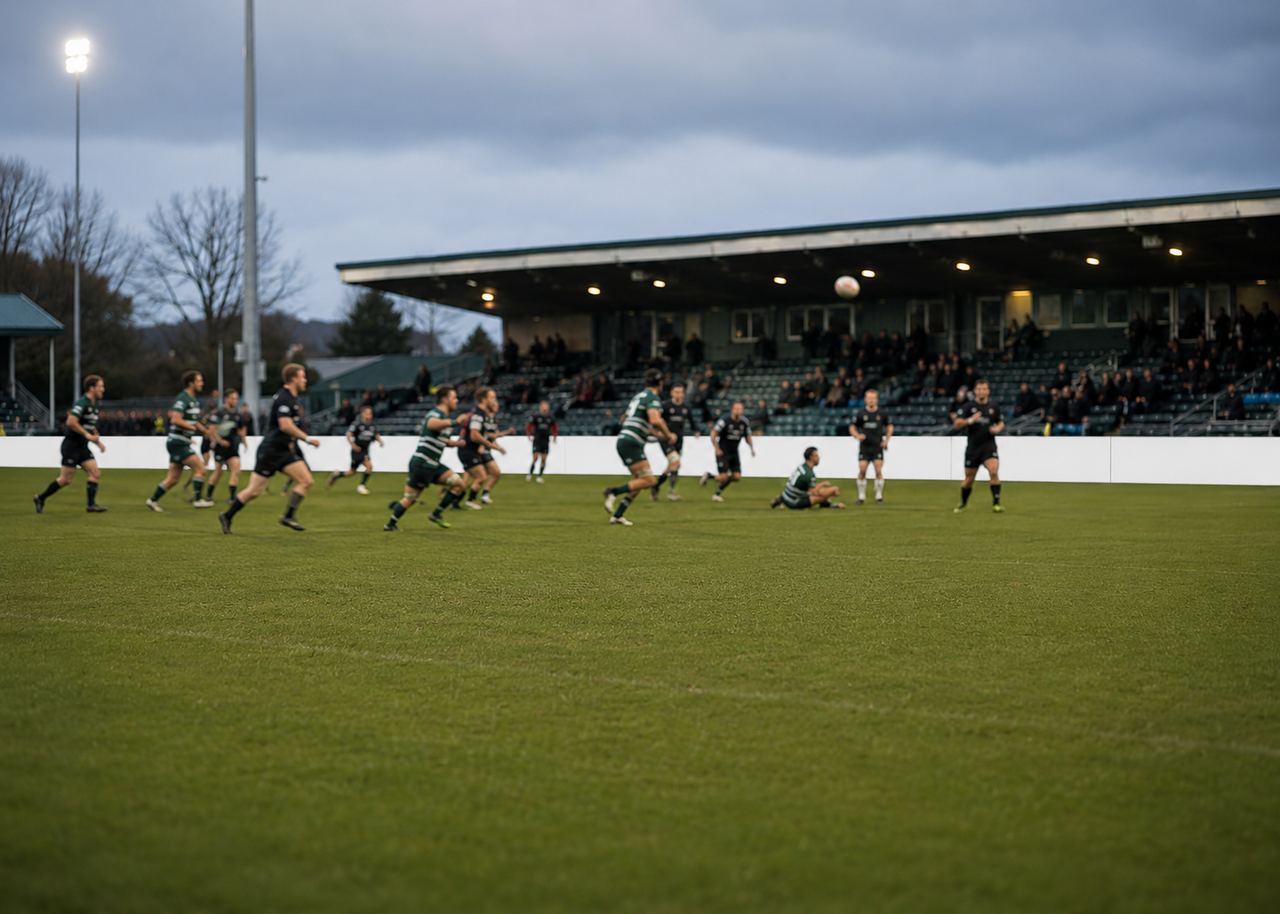 Rugby match in play with perimeter boards along the touchline
