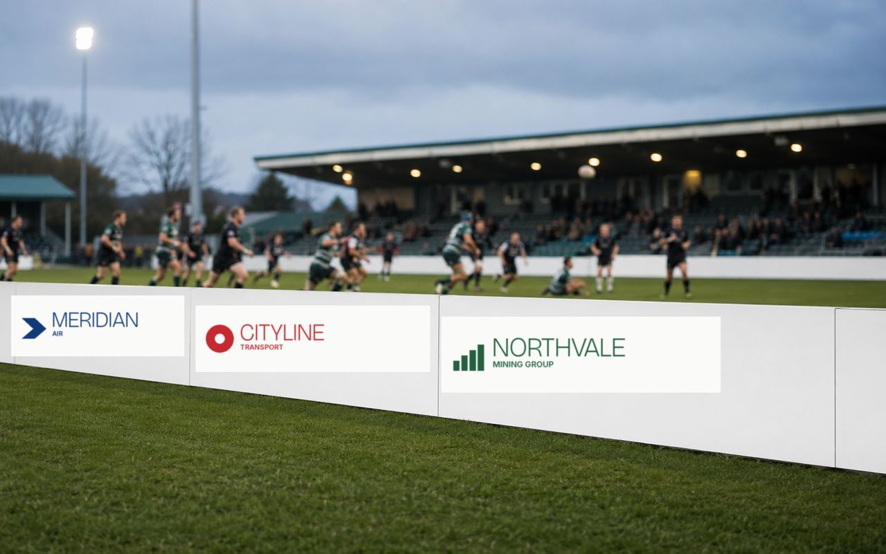 Perimeter boards beside a rugby pitch