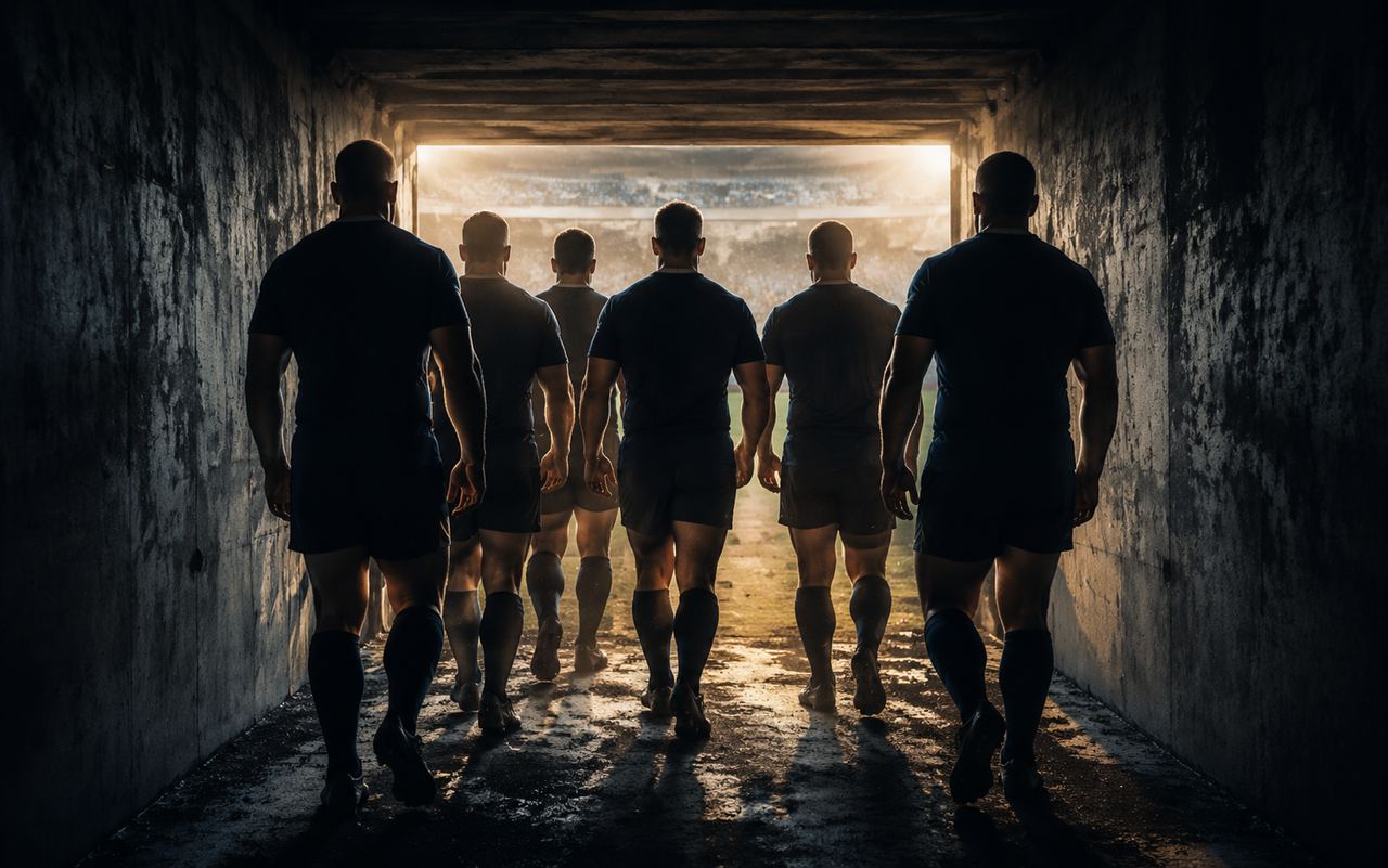 Rugby players walking out through a stadium tunnel toward the floodlit pitch