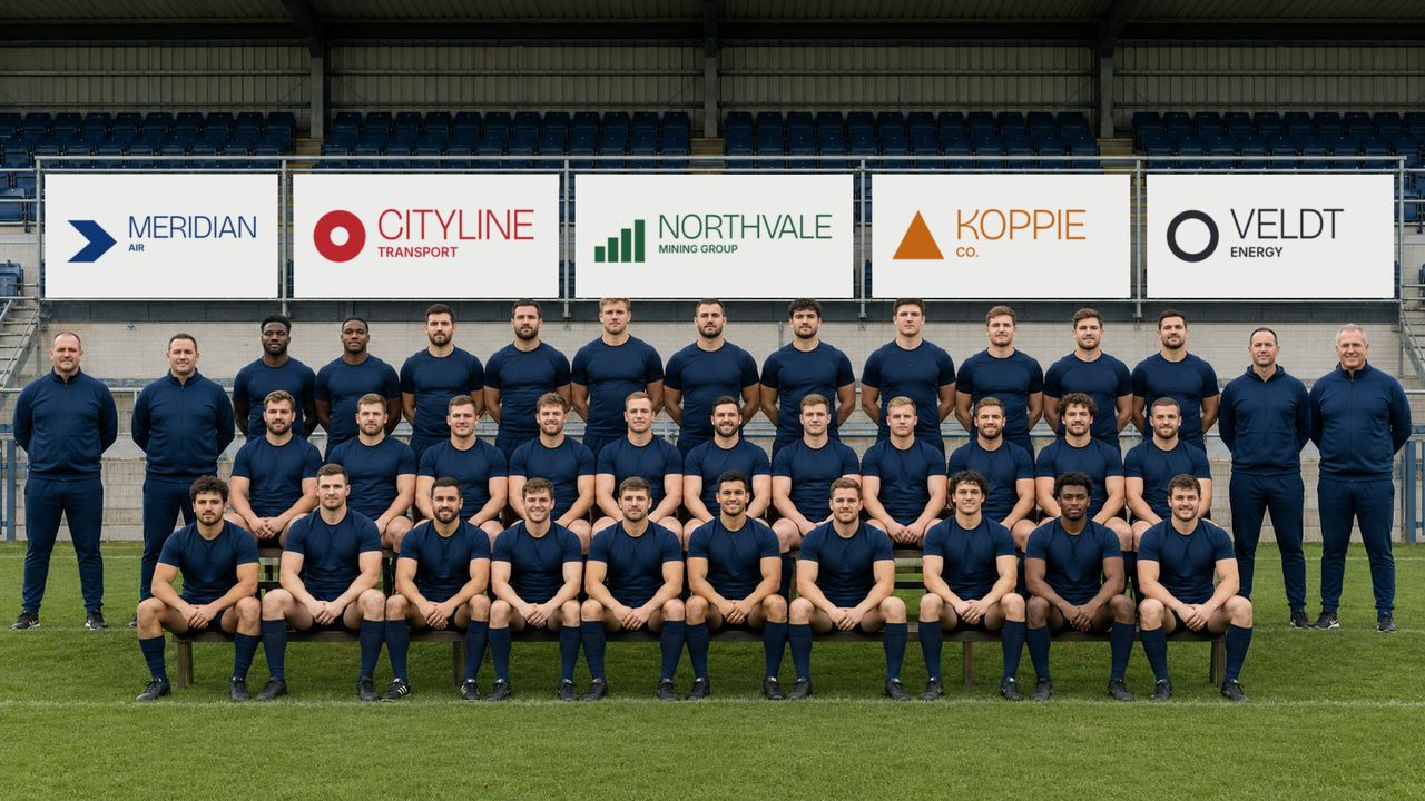 Rugby squad photograph in front of sponsor banners