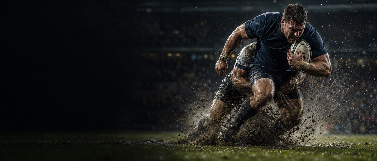 Rugby match under floodlights with the crowd behind
