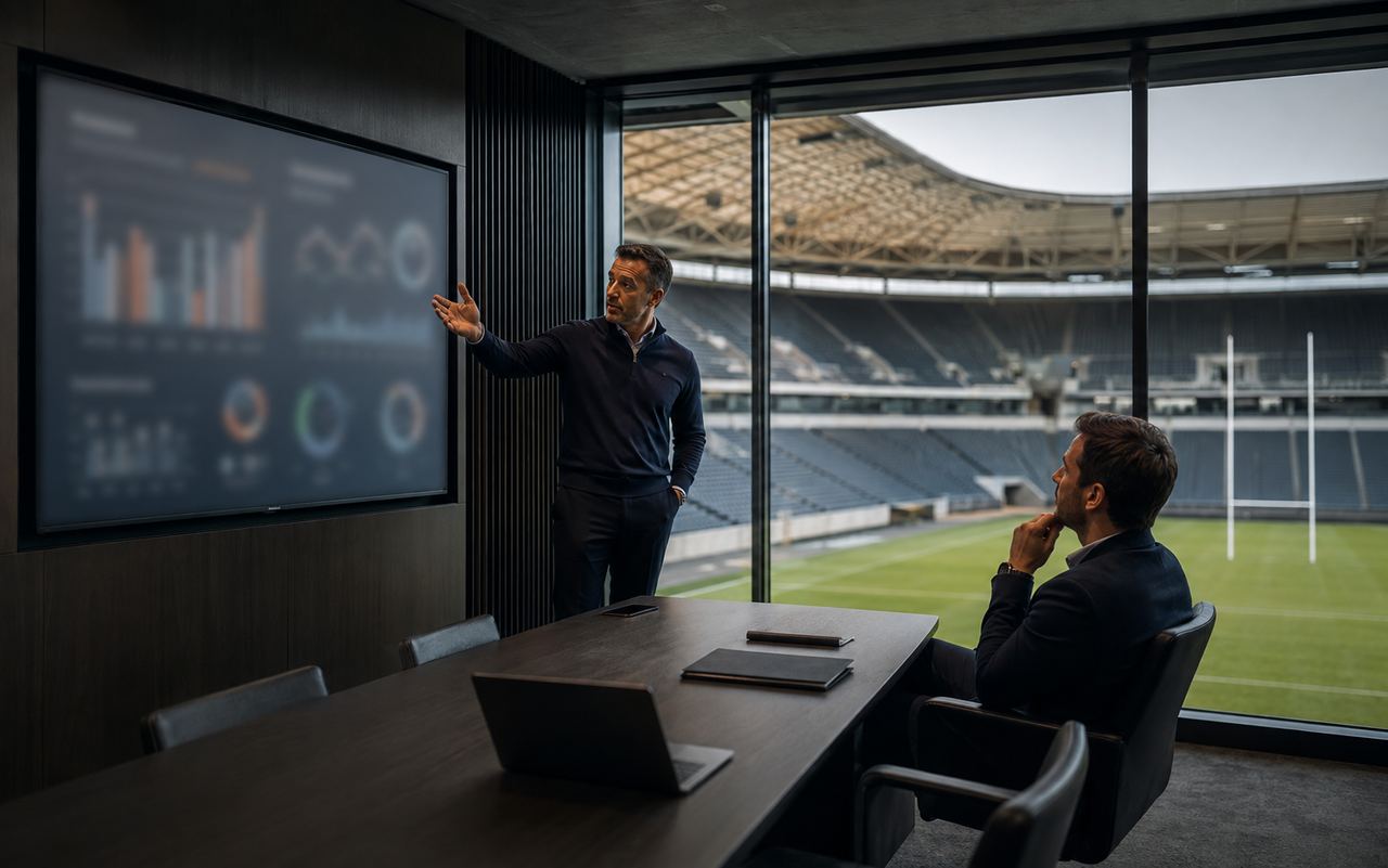Club executives reviewing a sponsorship dashboard in a stadium boardroom